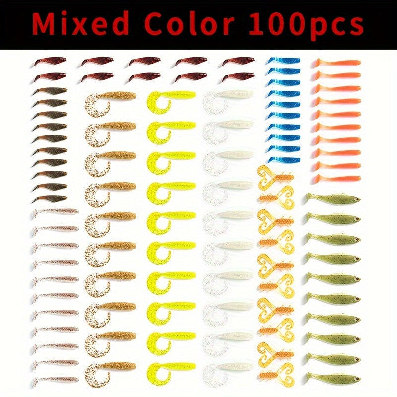100pcs Bionic Soft Fishing Bait Trout Bass Paddle Tail Twister Tail Soft