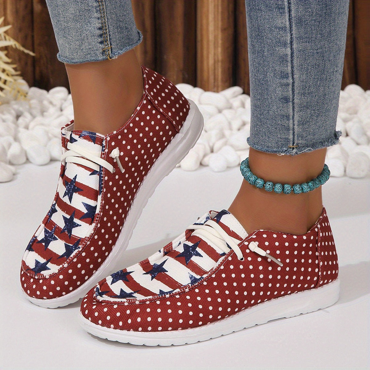 Women's Polka Dot & Star Pattern Canvas Shoes Casual Lace Up Outdoor Shoes