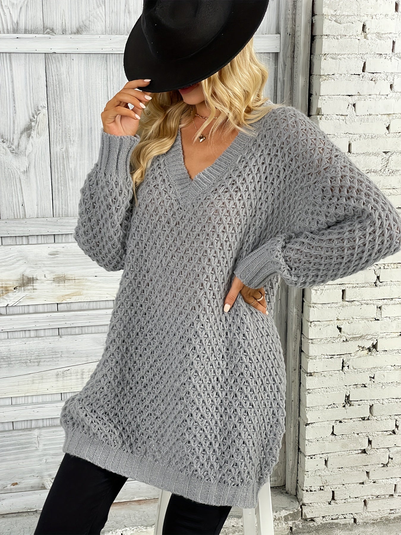 Solid Knit Sweater V Neck Long Sleeve Solid Sweater Women's Clothing
