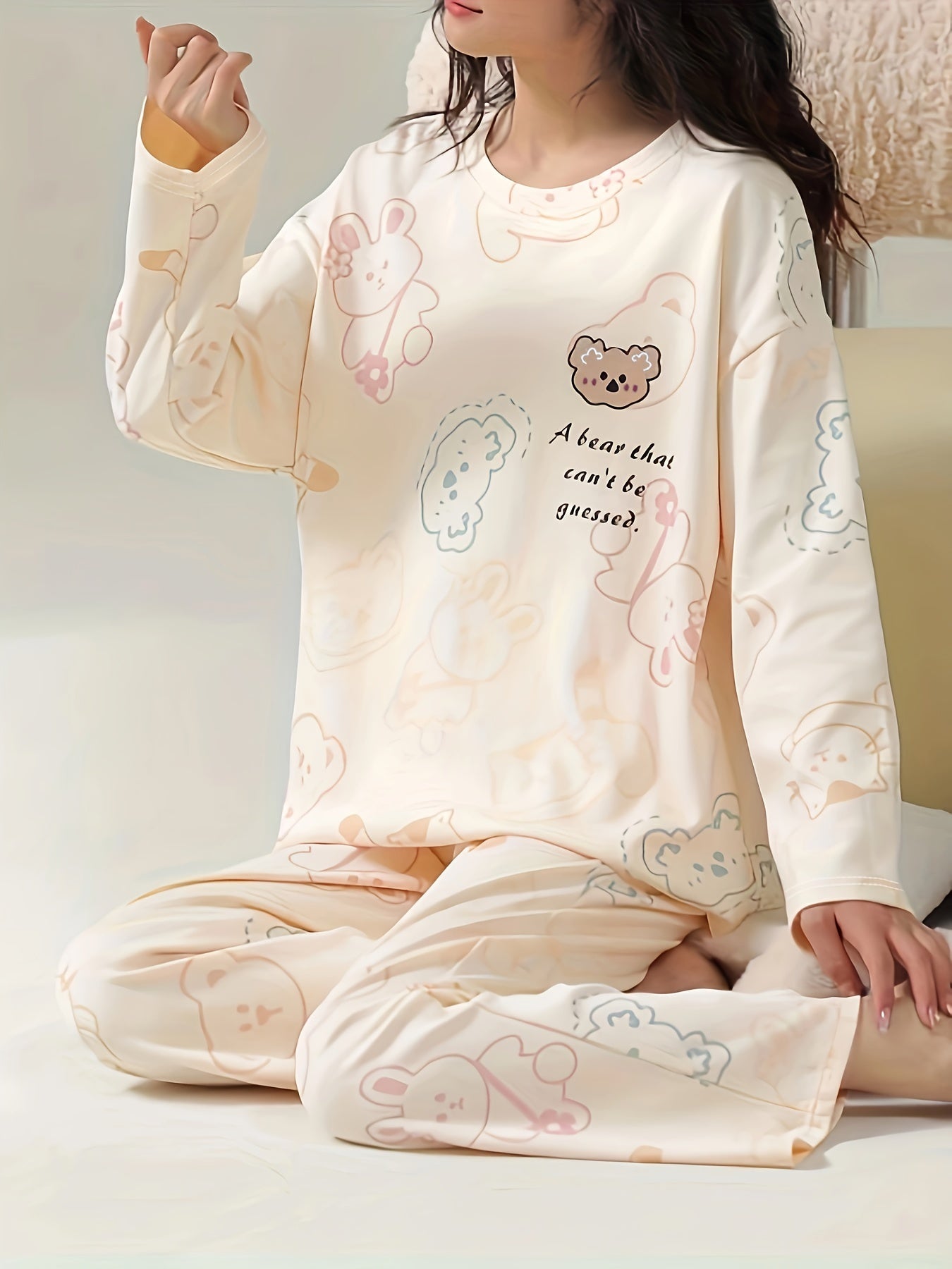 Bear Print Pajama Set Crew Neck Top & Pants Women's Sleepwear