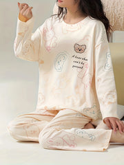 Bear Print Pajama Set Crew Neck Top & Pants Women's Sleepwear
