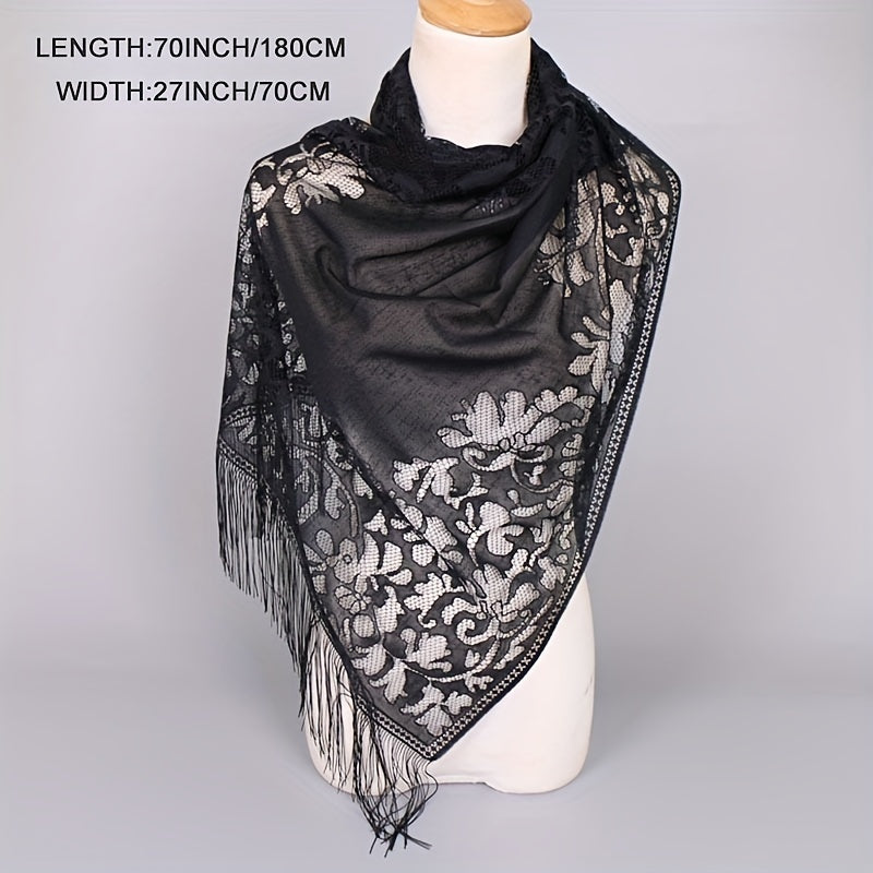 Boho Flower Pattern Fringe Trim Scarf Wrap Head Wrap For Travel
