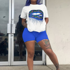 Lip Print T shirt & Solid Shorts Set Women's Outfit
