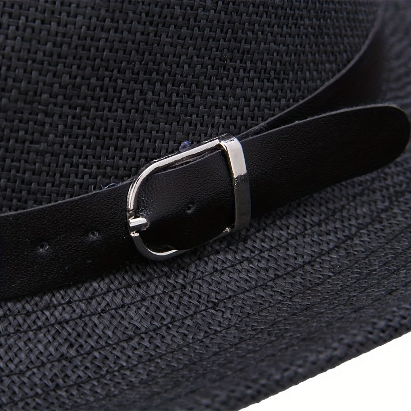 Western Cowboy Straw Fedora Belt Decor Wide Brim Sun Hat