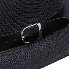 Western Cowboy Straw Fedora Belt Decor Wide Brim Sun Hat