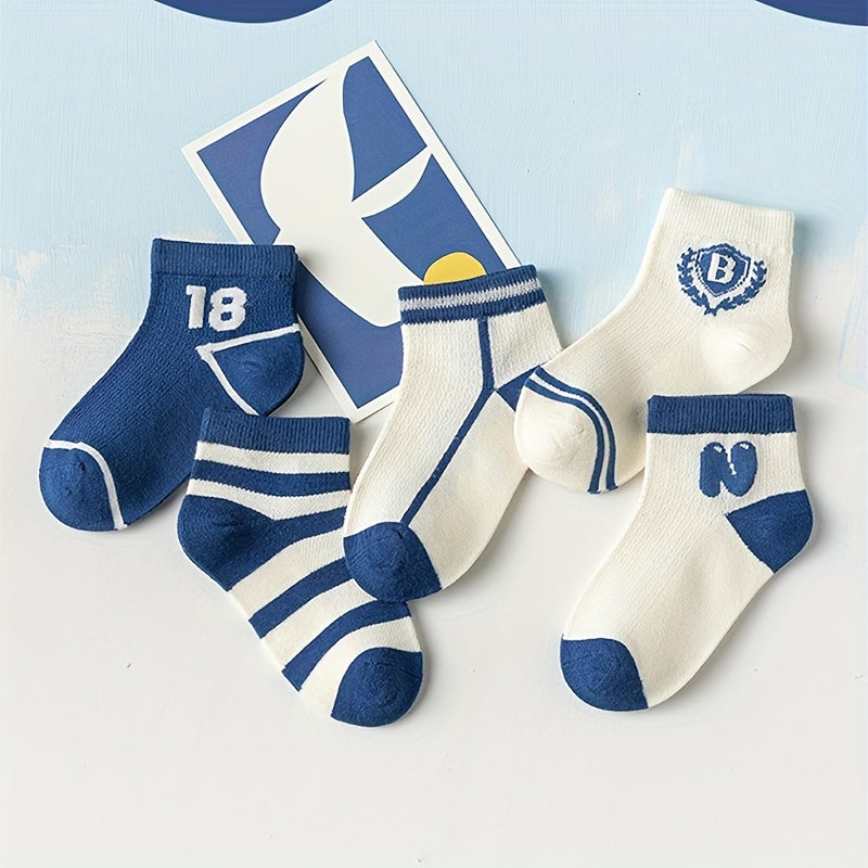 5pcs Boys Kids Cotton Breathable Striped Ankle Socks For Spring