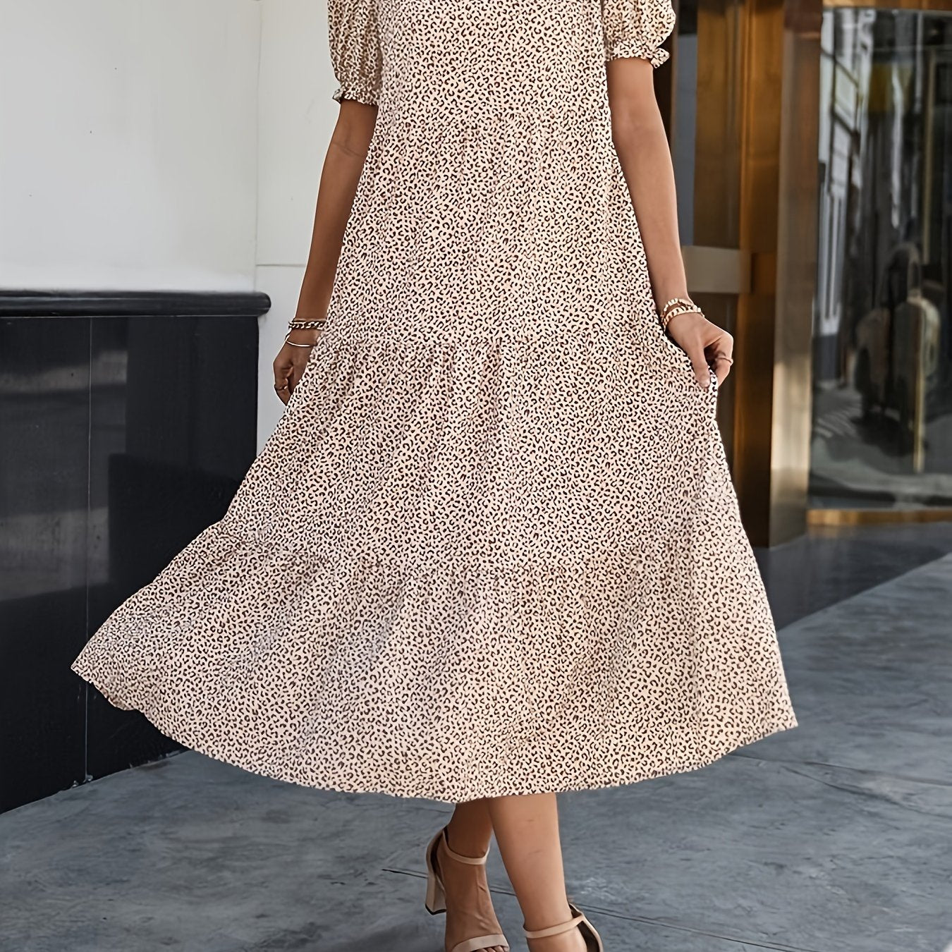 Leopard Print Puff Sleeve Smock Maxi Dress