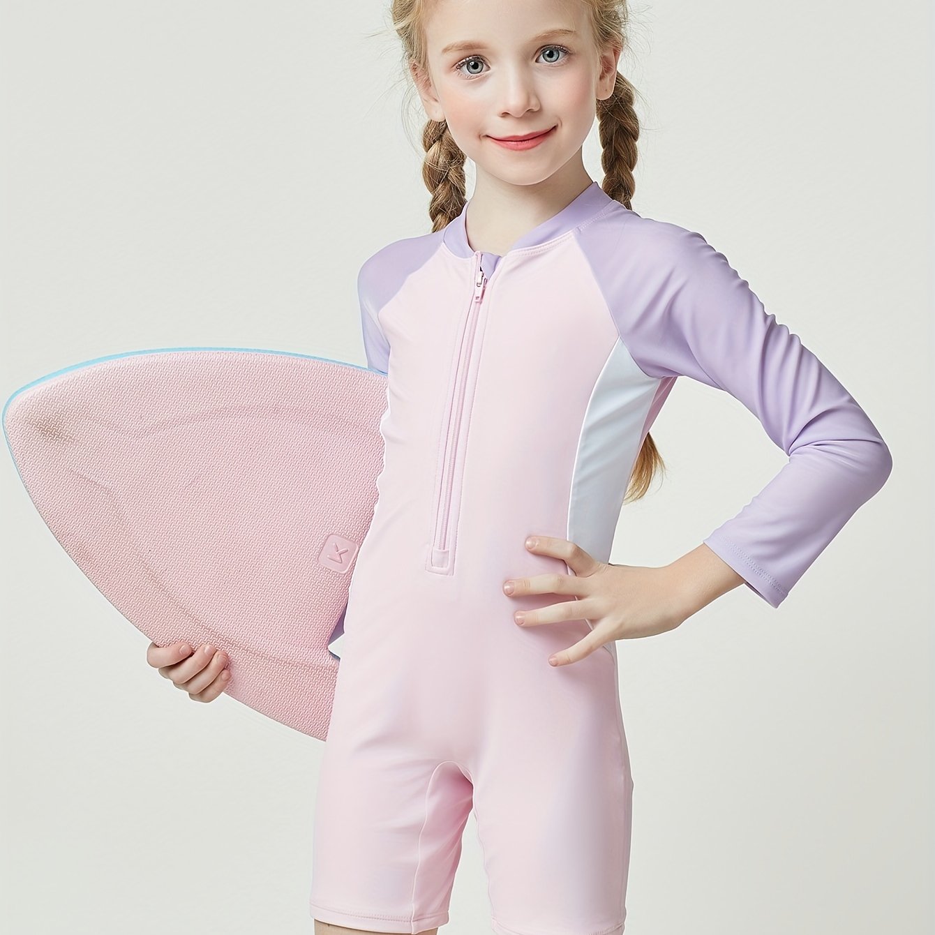 Comfy Stretchy Splicing Long Sleeve Half Zip Swimwear For Girls