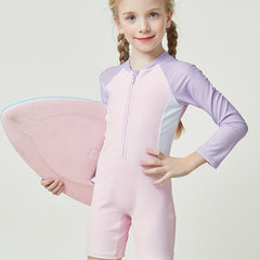 Comfy Stretchy Splicing Long Sleeve Half Zip Swimwear For Girls