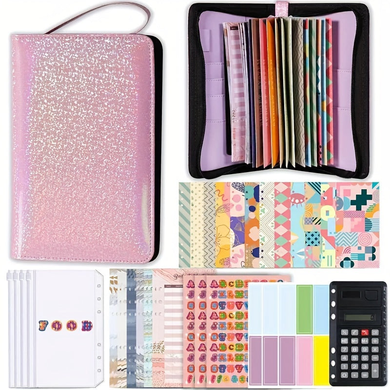 A5 Portable Zipper Bag Journal Book with Cash Savings Loose-leaf Clip