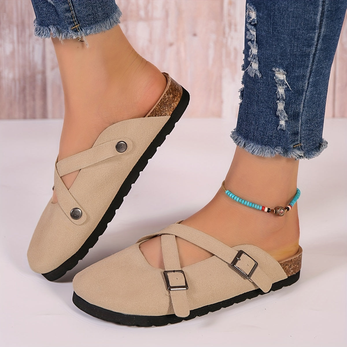 Women's Cross Buckle Strap Mules Casual Slip On Flat Shoes