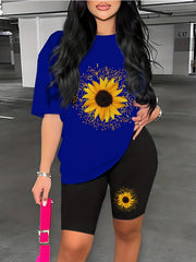 Sunflower Print Lounge Set Short Sleeve Top & Shorts Women's Loungewear