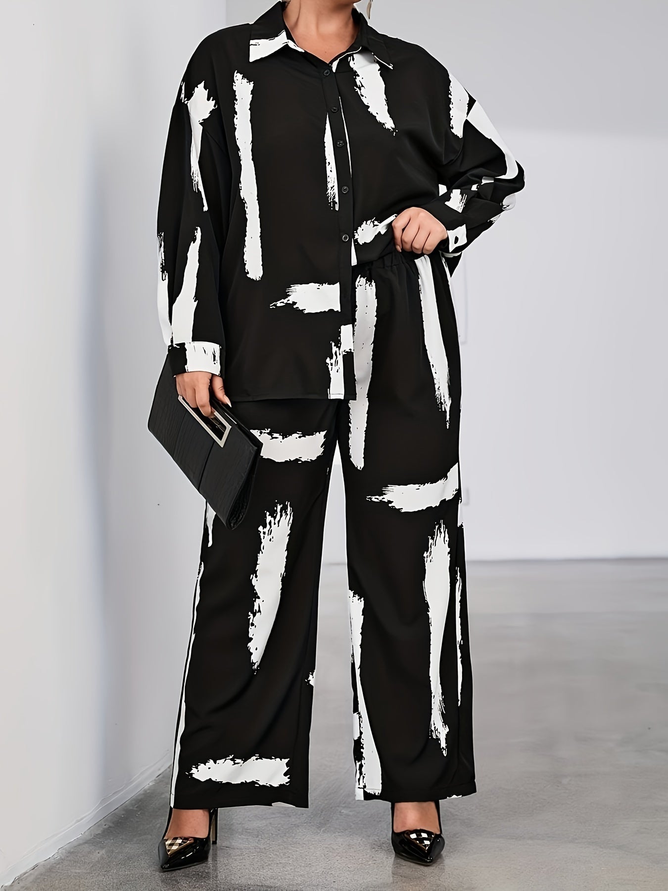 Women's Plus Brush Print Shirt & Loose Pants Outfit Set
