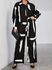 Women's Plus Brush Print Shirt & Loose Pants Outfit Set