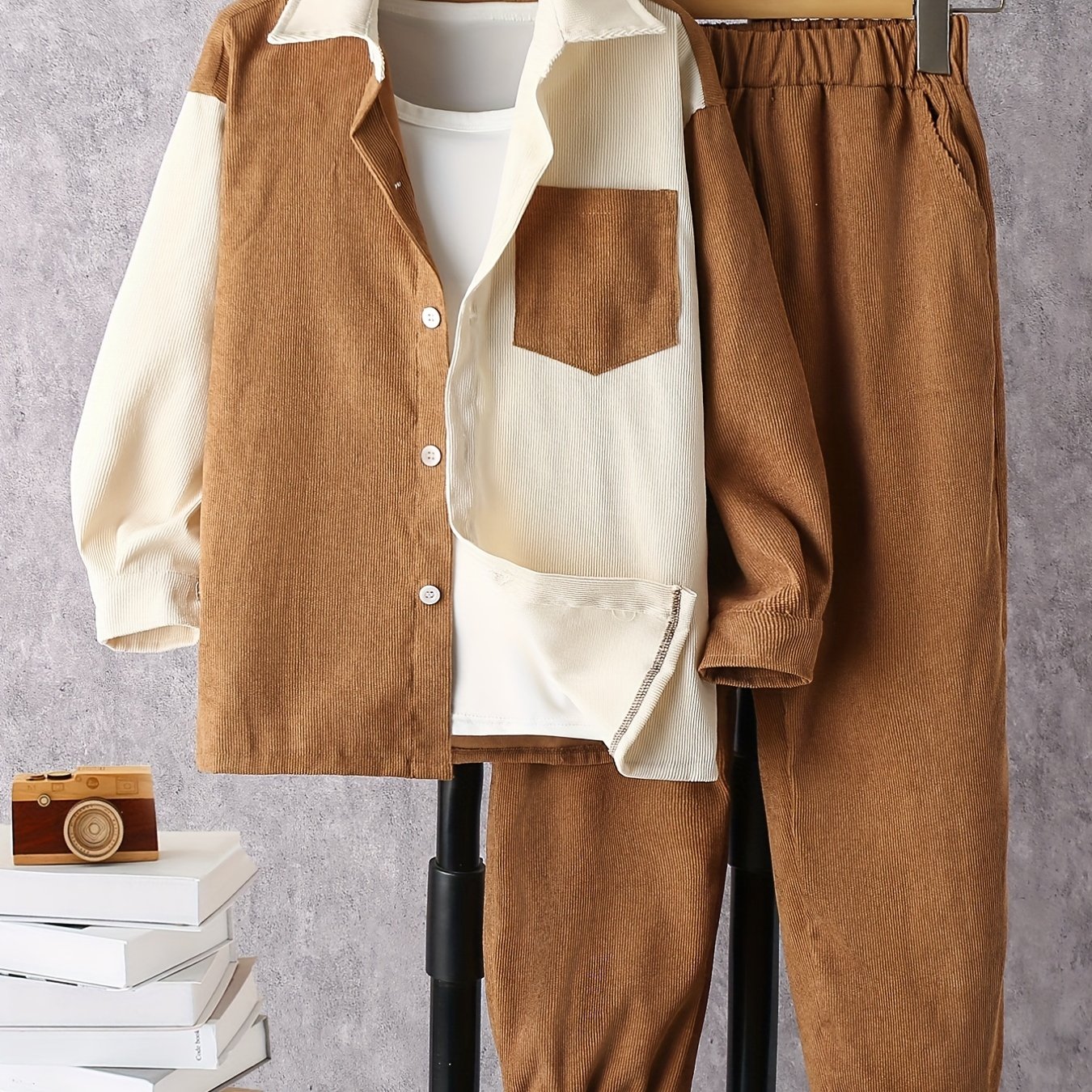 Boy's Corduroy Shirt & Sweatpants Set Long Sleeve Top Outfits