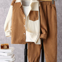Boy's Corduroy Shirt & Sweatpants Set Long Sleeve Top Outfits