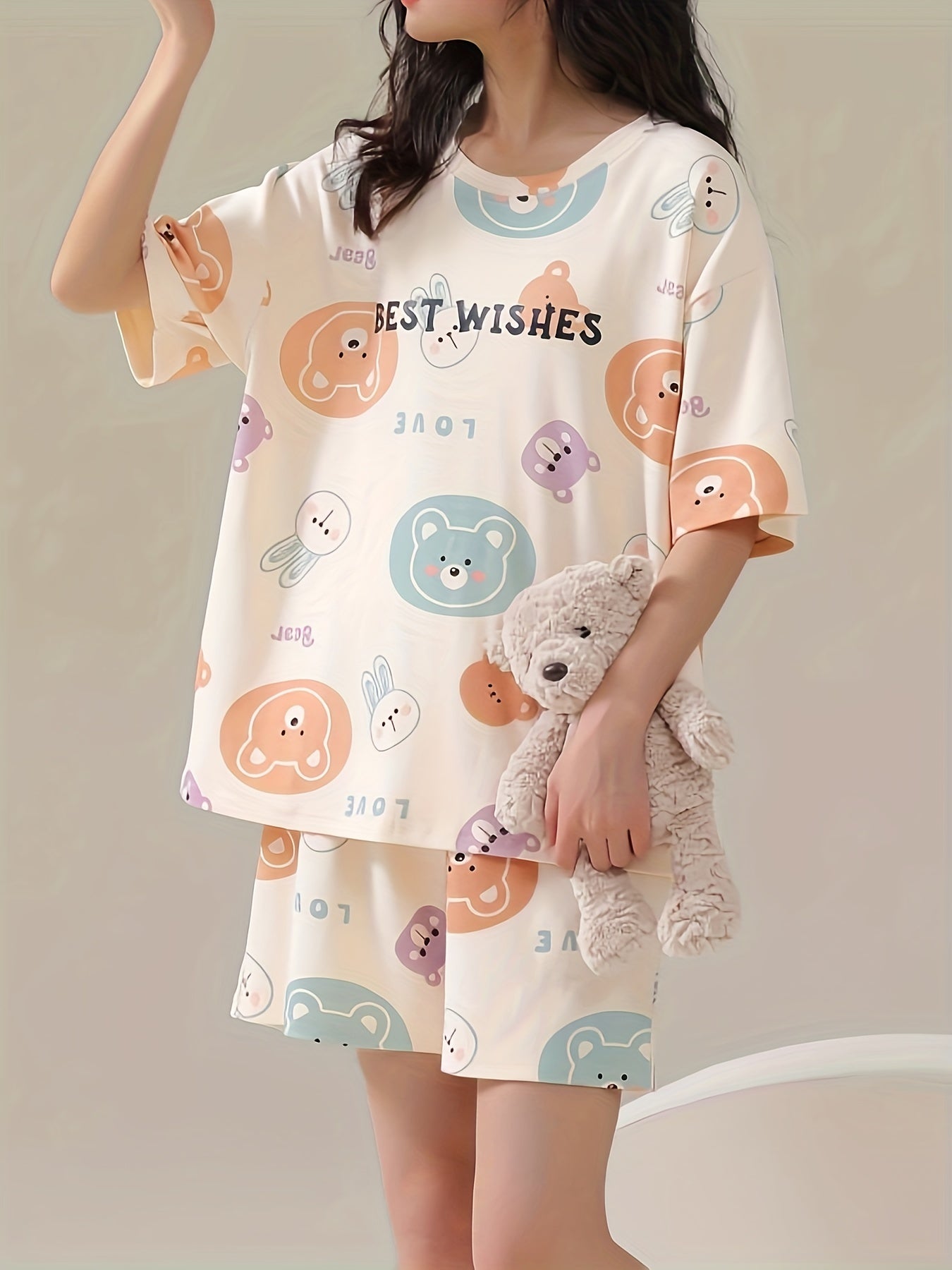 Bear Print Pajama Set Short Sleeve Crew Neck Top and Shorts PJ Set