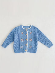 Kids Small Flower Embroidered Cotton Knitted Cardigan