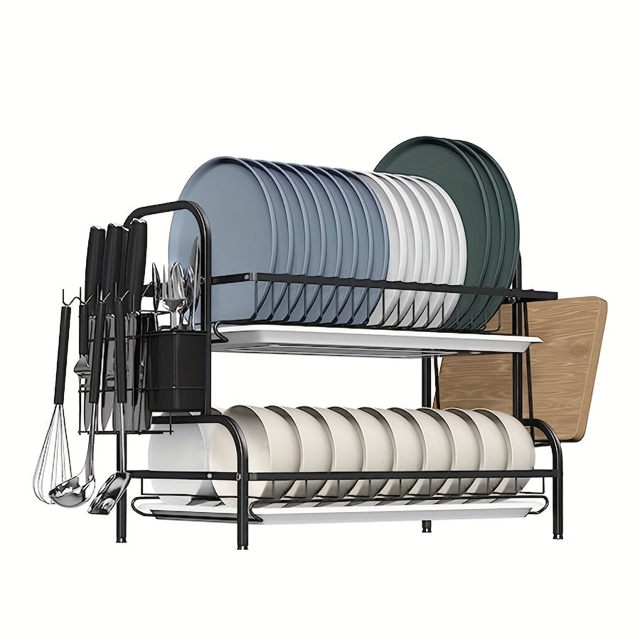 2 Tier Dish Drying Rack with Drain Board Hooks for Countertops