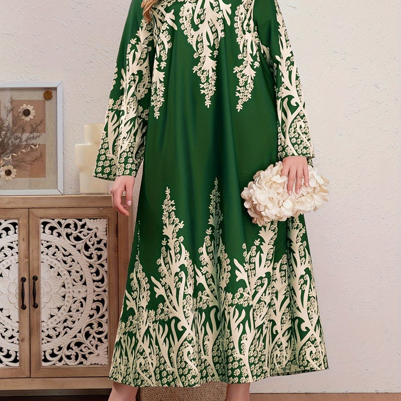 Casual Abaya Dress Women's Plus Floral Print Long Sleeve