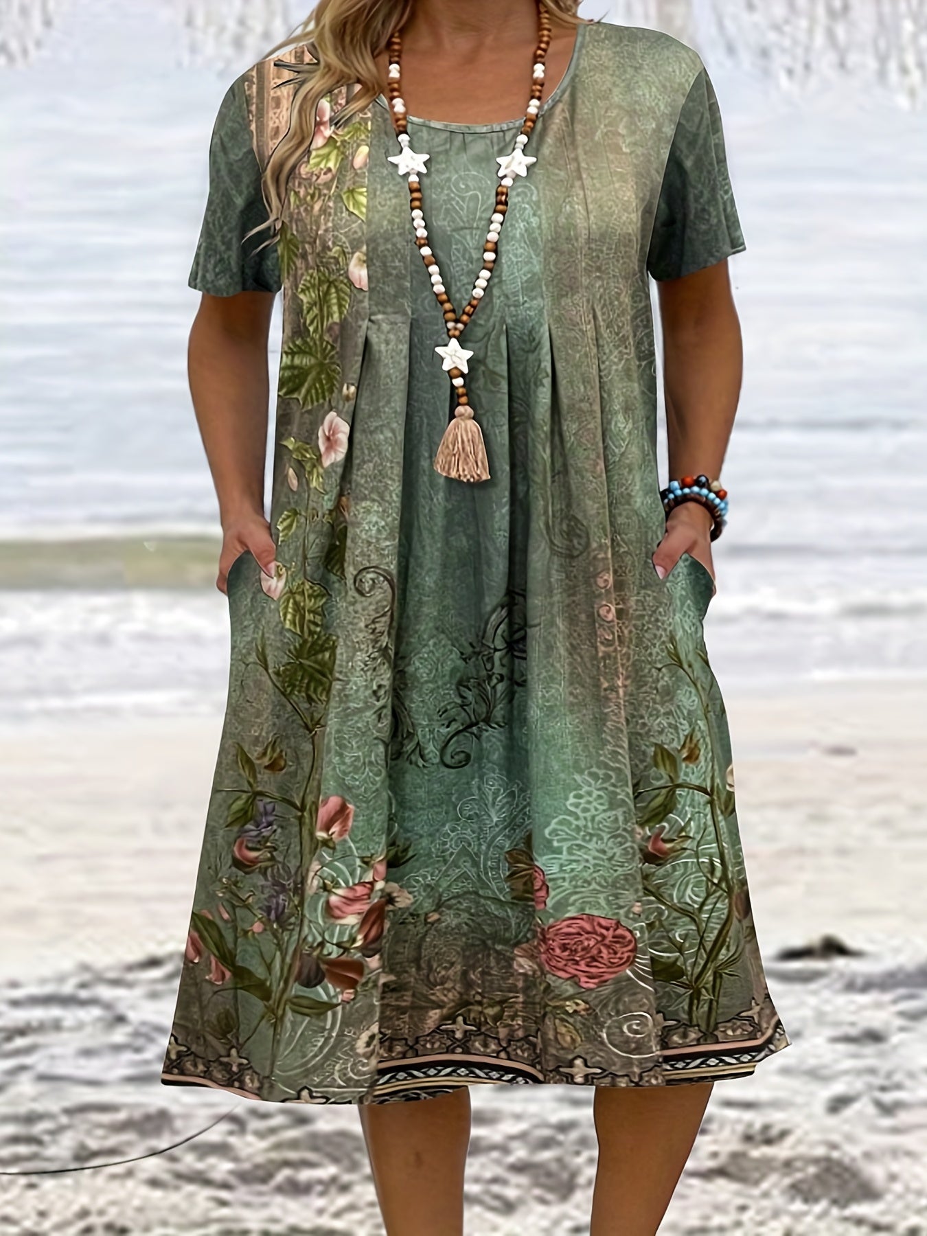 Floral Print Short Sleeve Casual Dress With Pockets