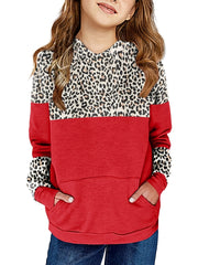 Girls Leopard Stitching Hoodie Long Sleeve Fleece Sweatshirt for Autumn