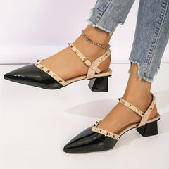 Rivets Decor Chunky Heel Sandals Point Toe Buckle Strap Slingback Heels