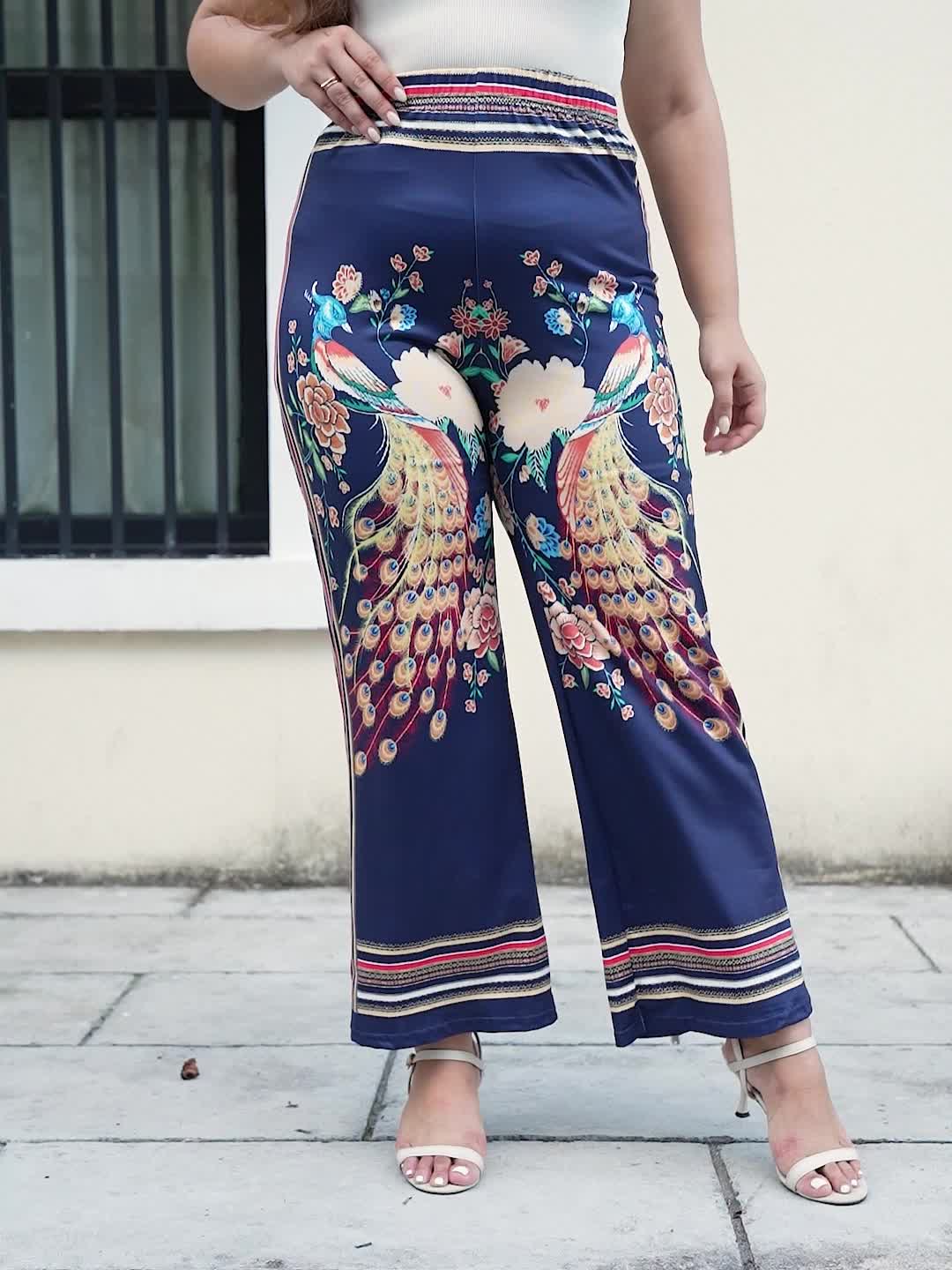 Women's Plus Peacock Frayed Print Wide Leg Pants