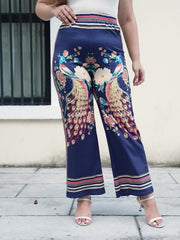 Women's Plus Peacock Frayed Print Wide Leg Pants