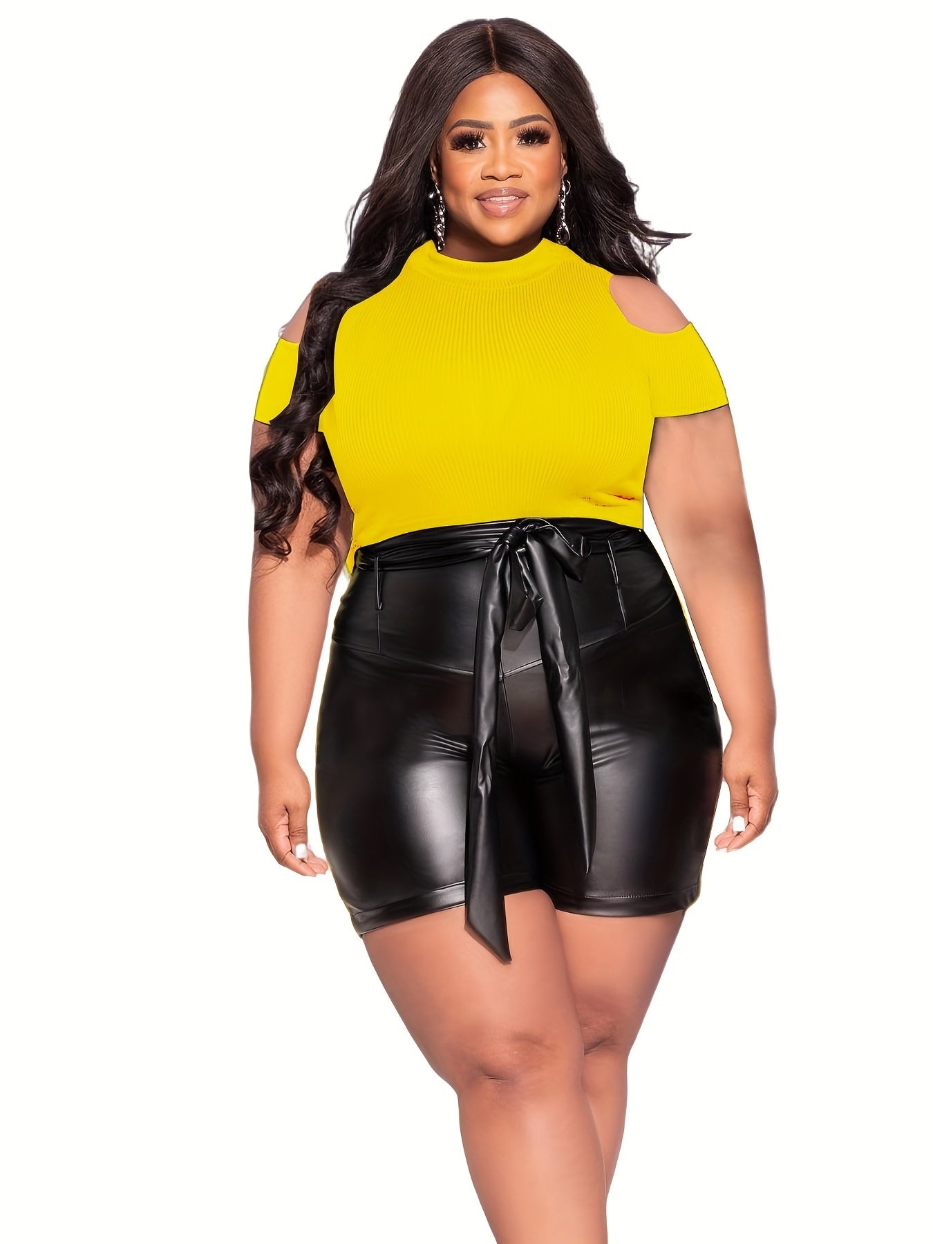 Solid Cold Shoulder Crop Top & Faux Leather Shorts Set