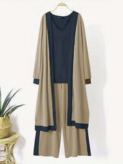 Casual 3pc Set Open Front Cardigan & V Neck Tops & Wide Leg Pants