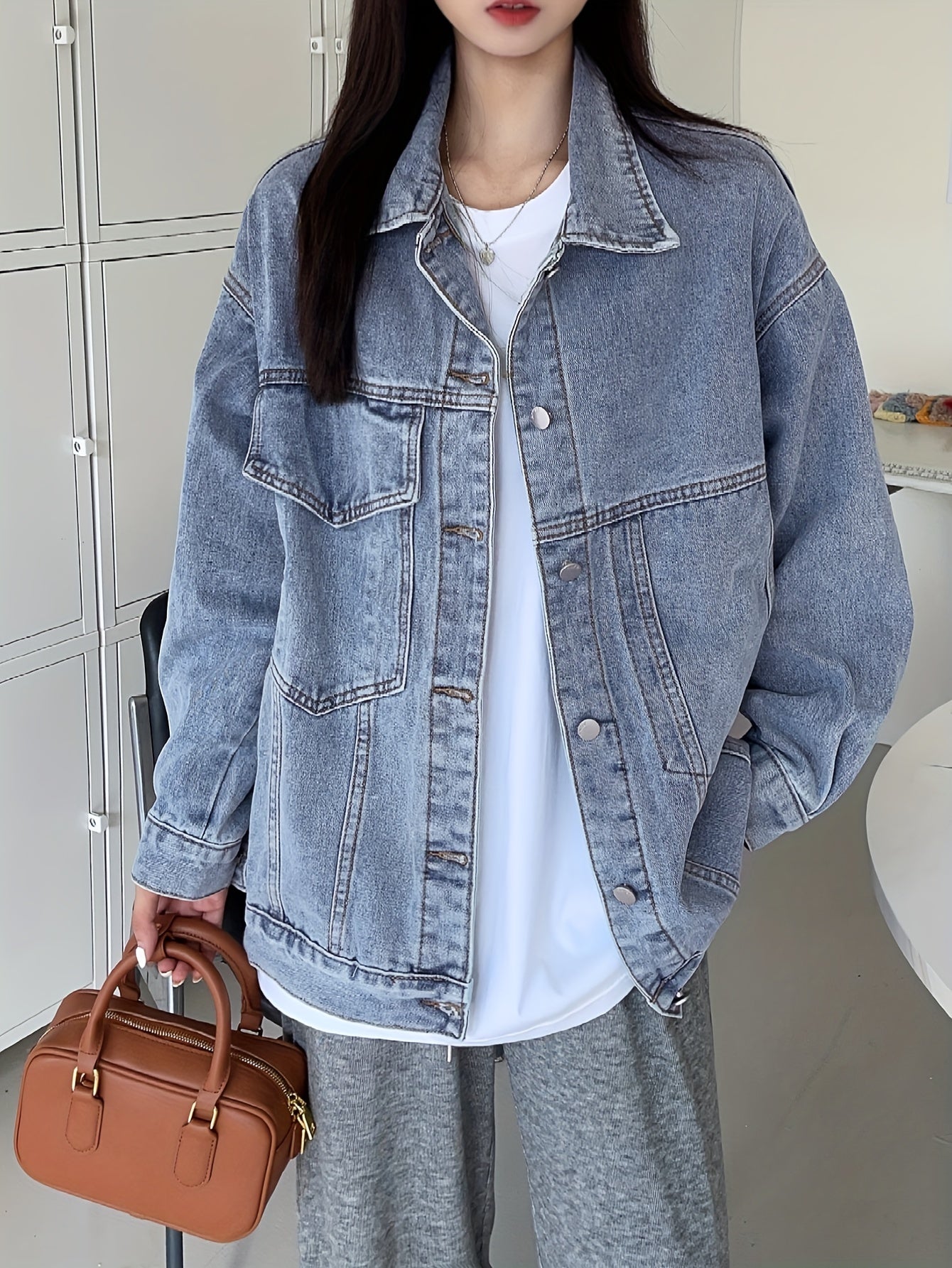 Women's Loose Fit Denim Jacket Long Sleeve Lapel Coat