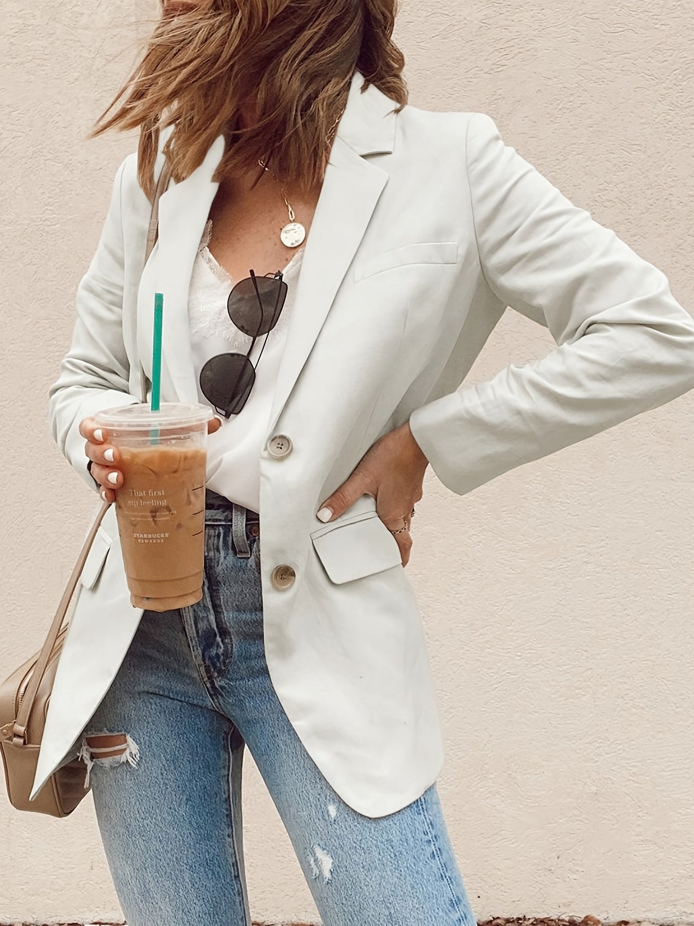 Solid Blazer Open Front Long Sleeve Work Office Outerwear
