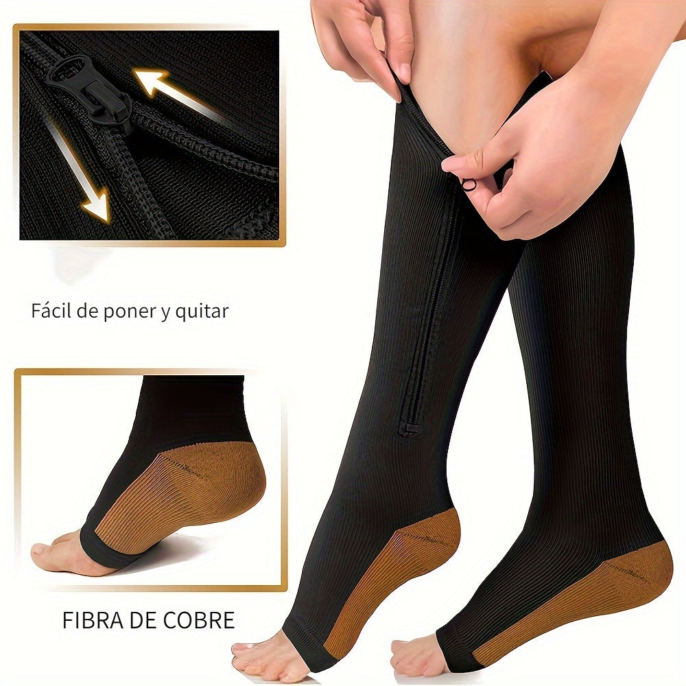 Copper Compression Socks 15-20 mmHg Knee High - Open Toe Zipper - Men & Women