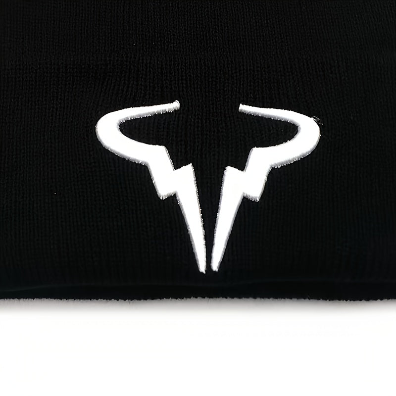 Embroidered Horn Knit Cuffed Beanie Hat