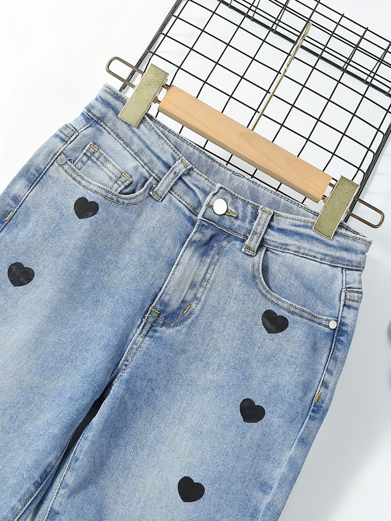 Girls Heart Print Stretch Jean Denim Pants with Pocket