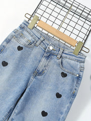Girls Heart Print Stretch Jean Denim Pants with Pocket