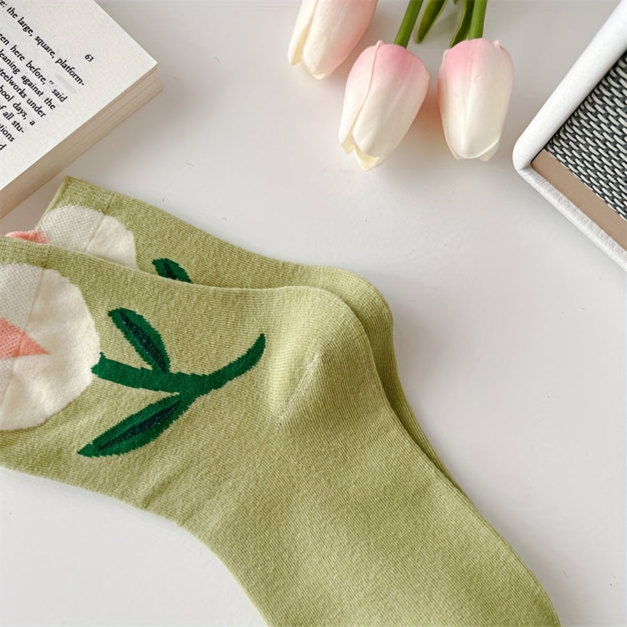 5 Pairs Floral Print Socks Women Comfy & Breathable Mid Tube Stockings
