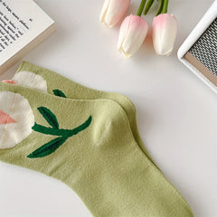 5 Pairs Floral Print Socks Women Comfy & Breathable Mid Tube Stockings