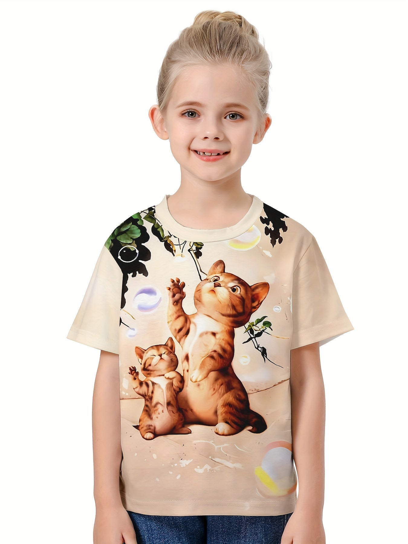 3D Kitty Print T shirt for Girls Boys Summer Sports