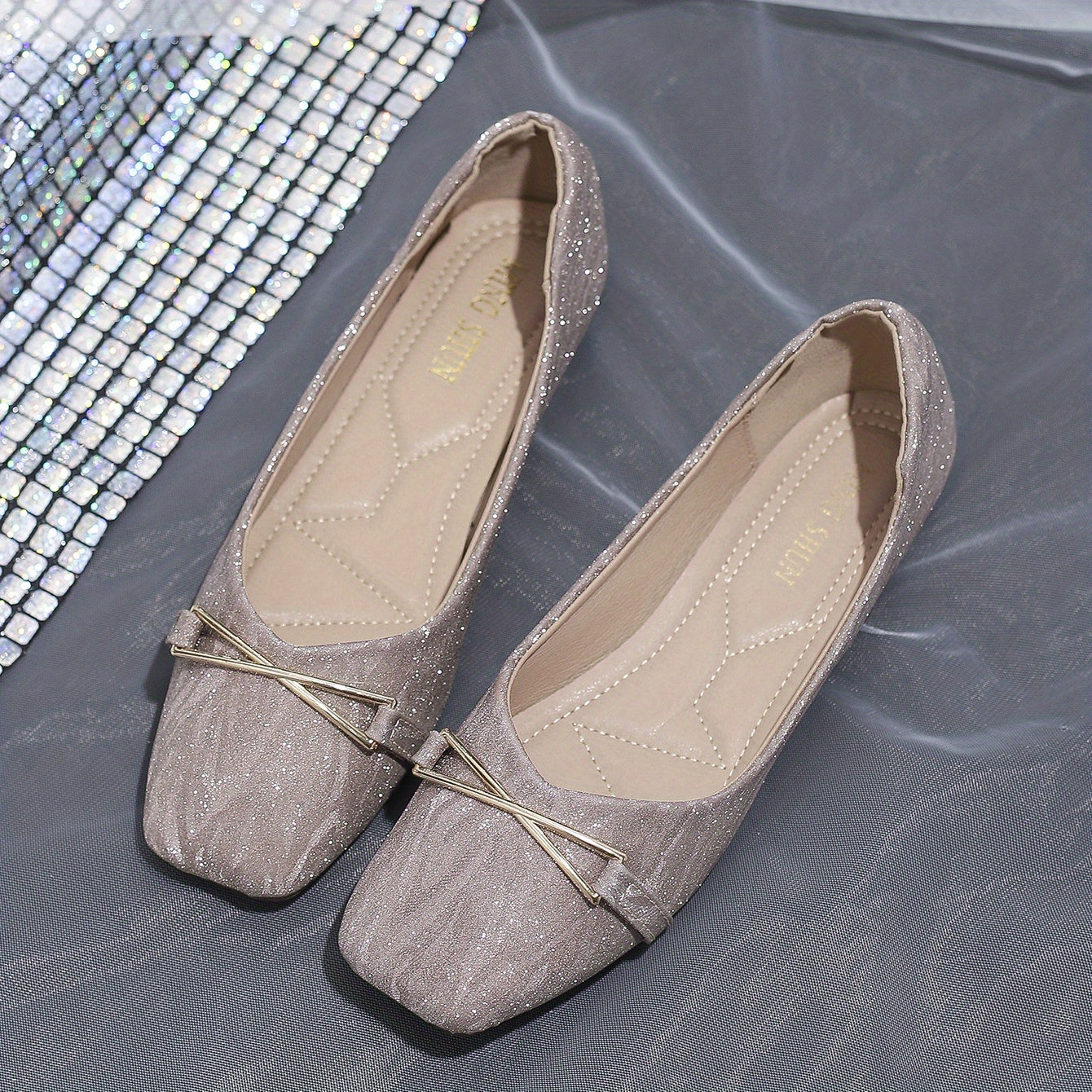 Glitter Ballet Flats Square Toe Walking Shoes Lightweight & Versatile