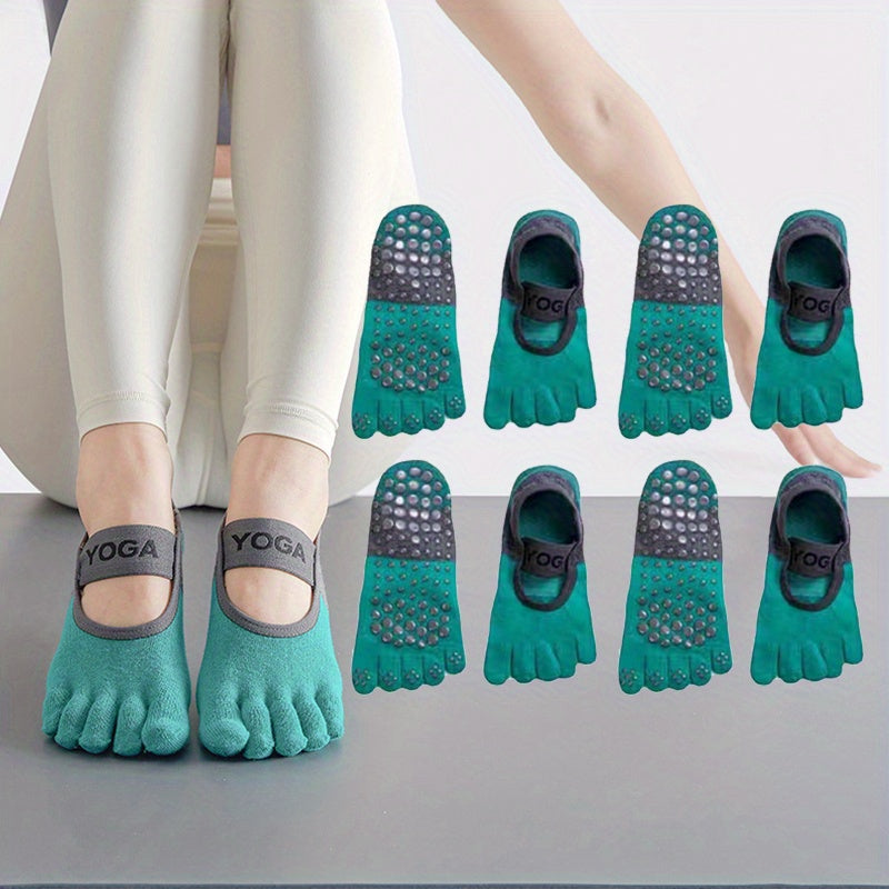 4 Pairs Non-Slip Yoga Five Toe Socks with Straps Soft Cotton Pilates Socks