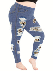 Denim & Leopard Print High Rise Fitness Leggings