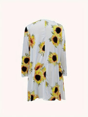 Women's Plus Sunflower Print Long Sleeve Round Neck Loose Fit Dress
