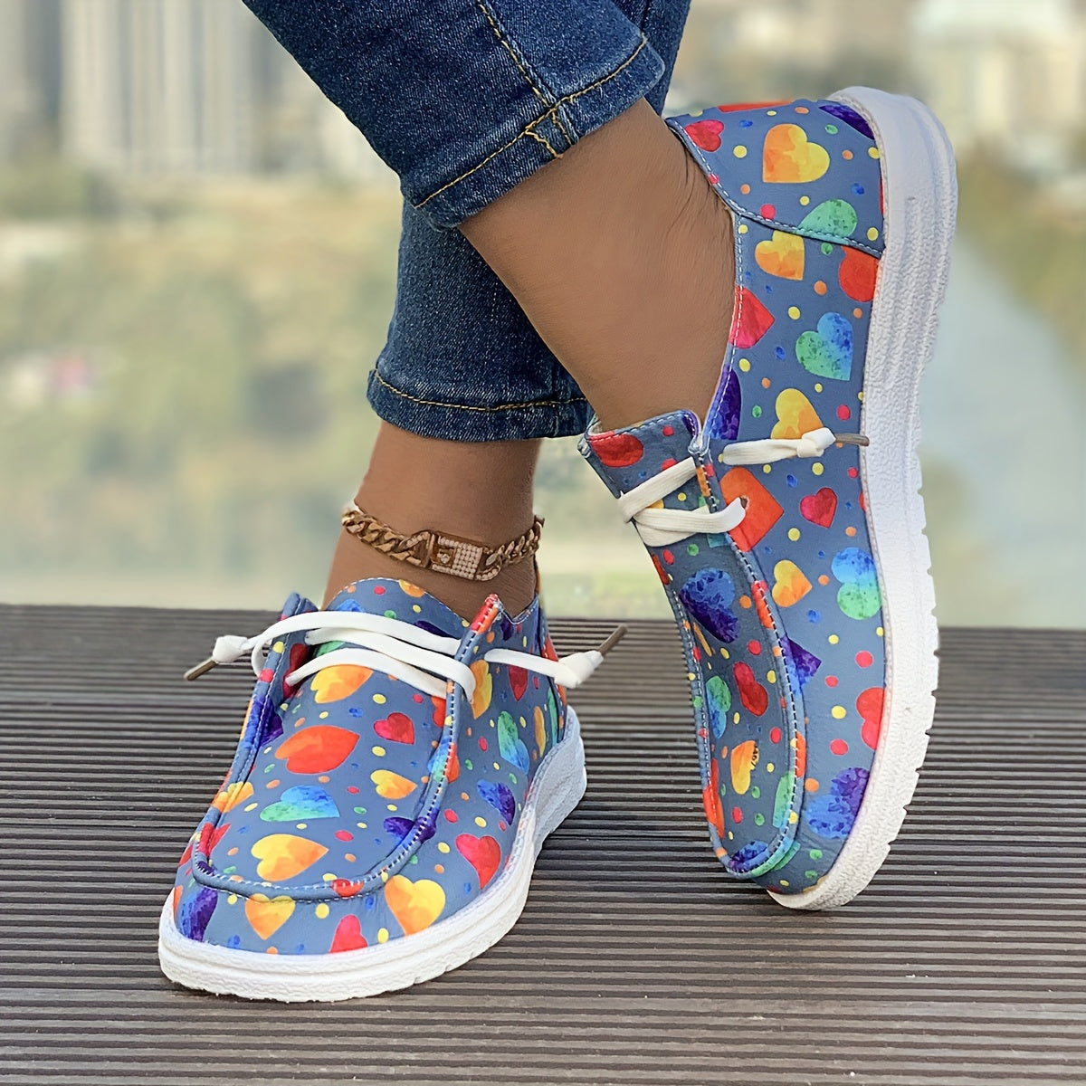 Women's Colorful Heart Pattern Lightweight Canvas Shoes Low Casual Flats