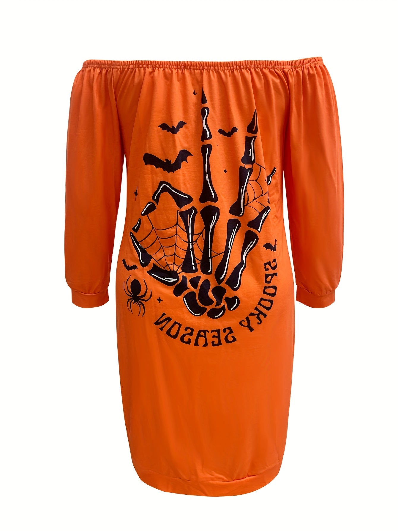 Women's Skull & Spider Print Off Shoulder Long SL Dress