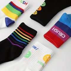 5 Pairs Kids Rainbow Crew Socks for Autumn Winter