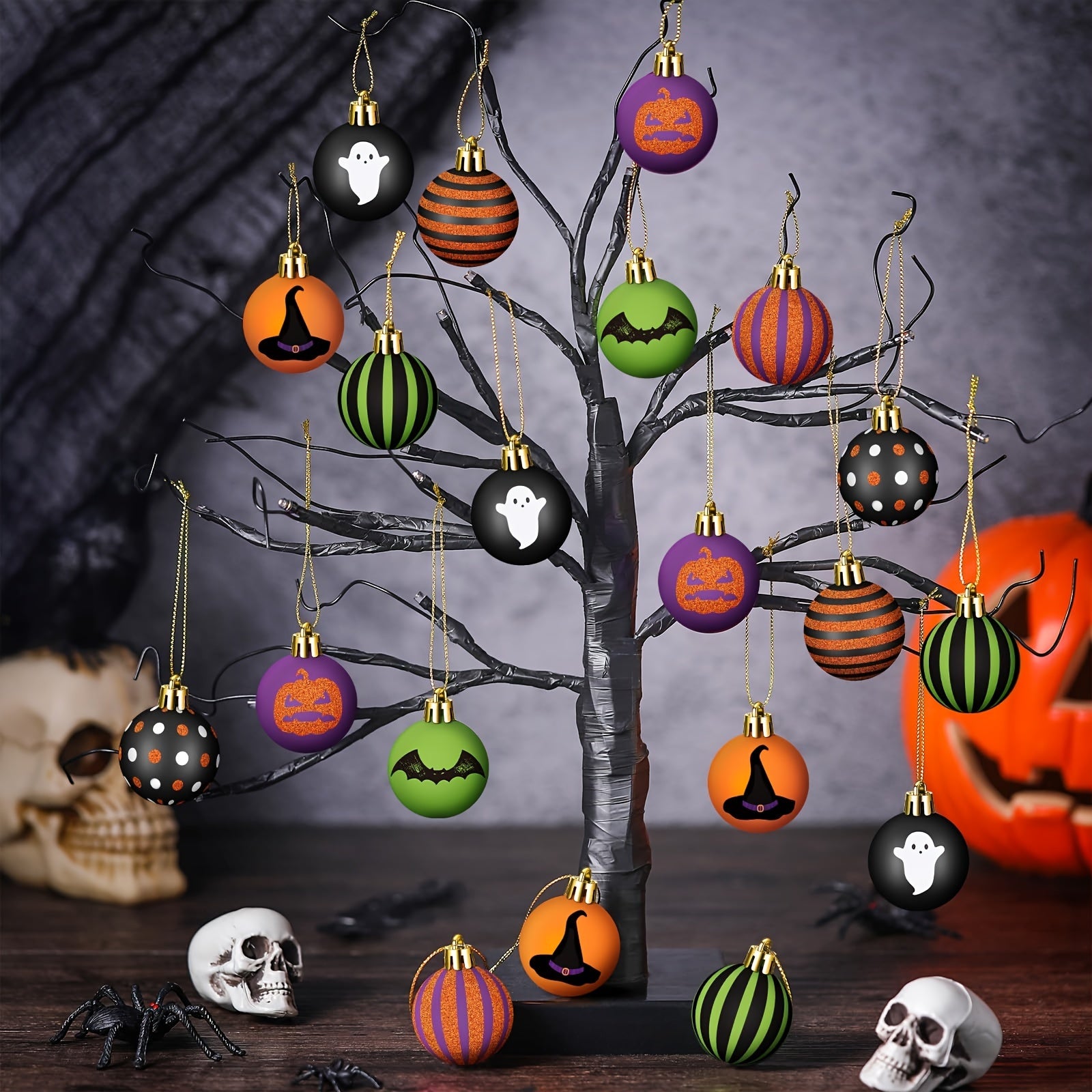 24 Pcs Halloween Ornament Set - Pumpkin Cat Spider Witch Hat Tree Decorations