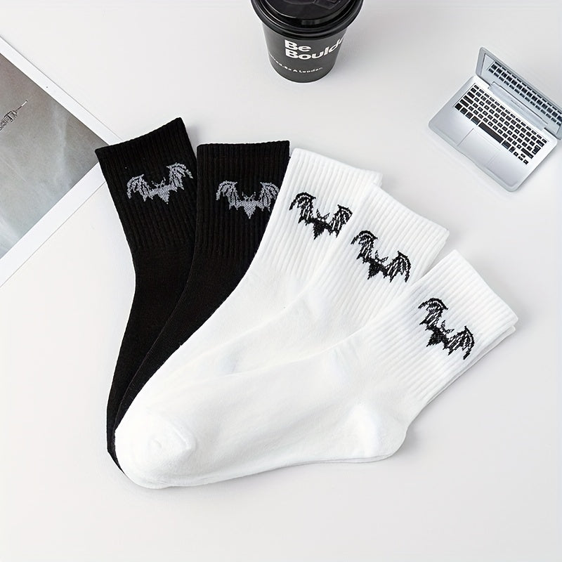 5 Pairs Bat Print Socks Halloween Crew Socks Women's Stockings & Hosiery
