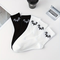 5 Pairs Bat Print Socks Halloween Crew Socks Women's Stockings & Hosiery